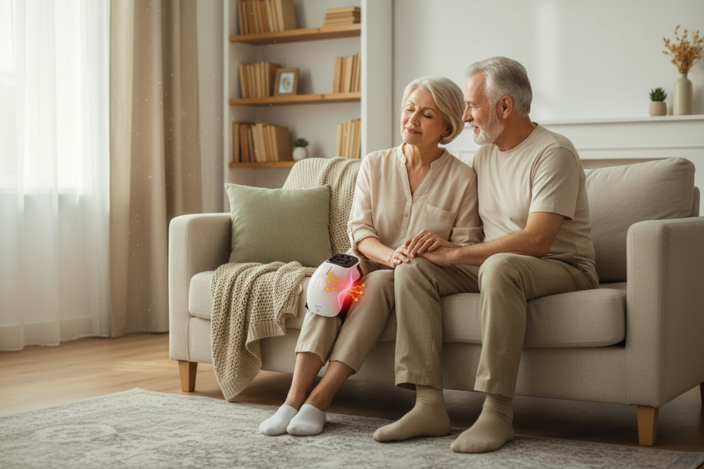 Elderly couple with knee pain relief massager