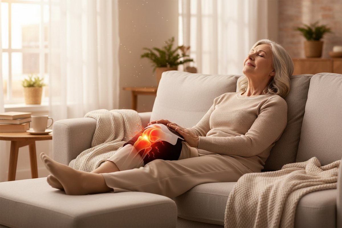 Senior woman using knee pain relief massager